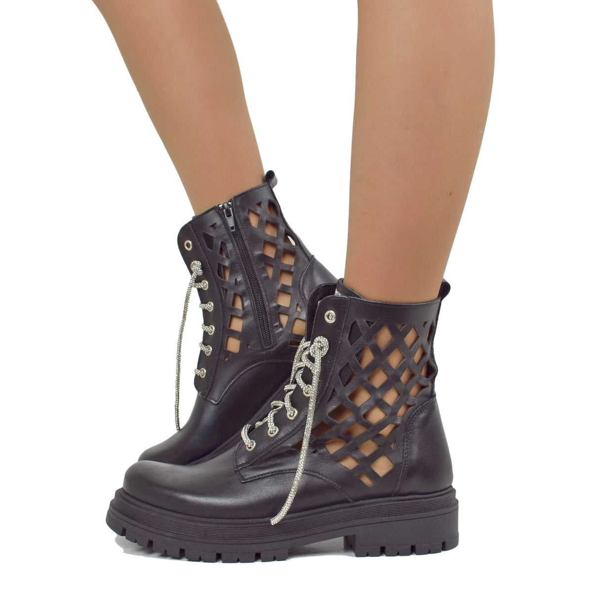 Stivali Anfibi Combat Boots Con Zip Platform Pelle Nero - Foto 8