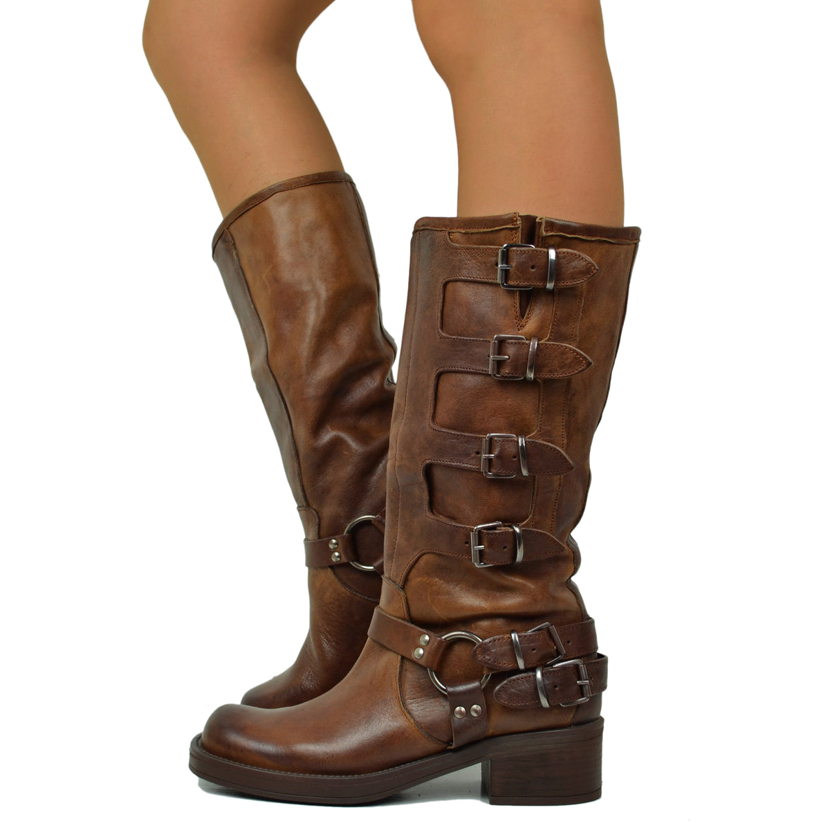 5 Buckle Biker Boots in Vintage Cacao Leather with Square Toe KikkiLine Calzature