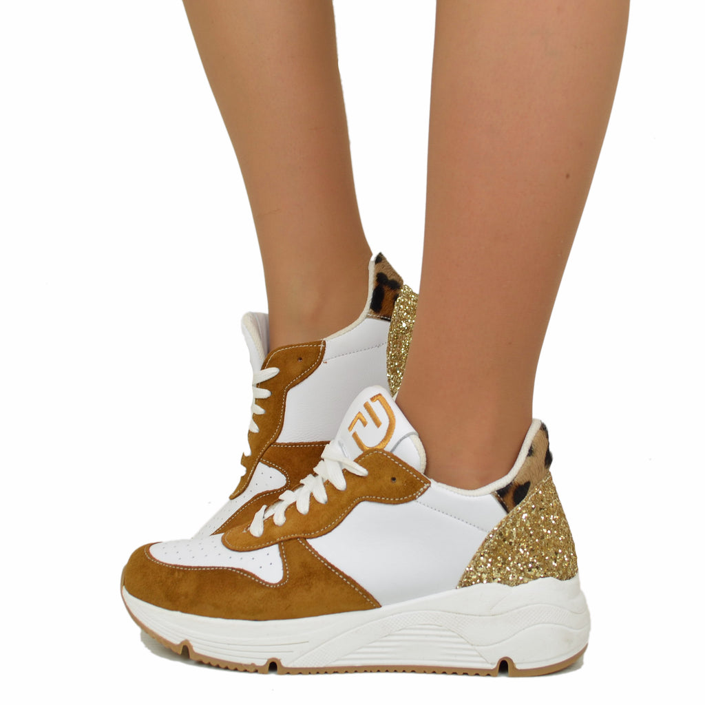 Sneakers Glitter in Pelle Scamosciata Retro Leopardato Fondo Platform