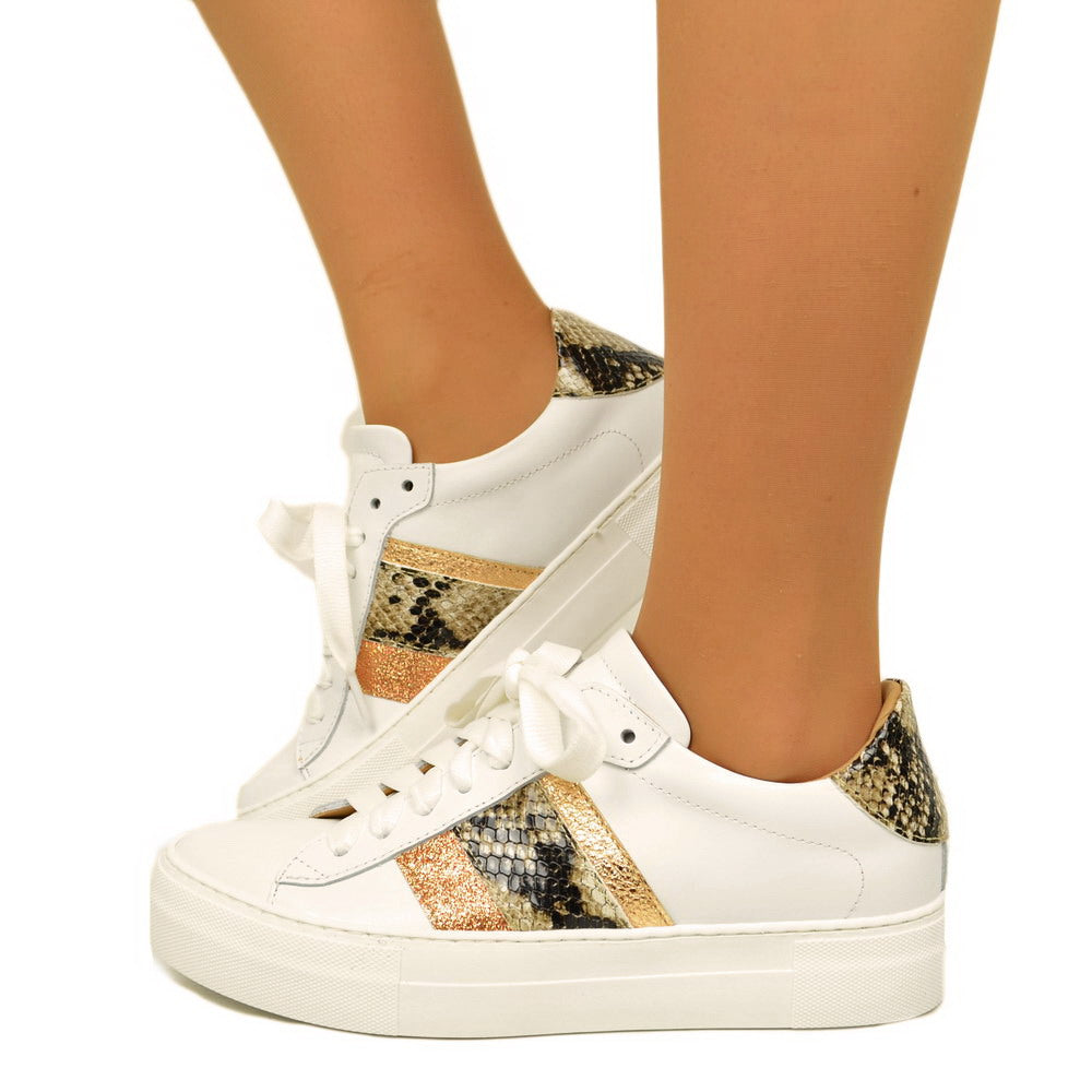 Sneakers Donna Bianche con Glitter Bronzo in Pelle Made in Italy