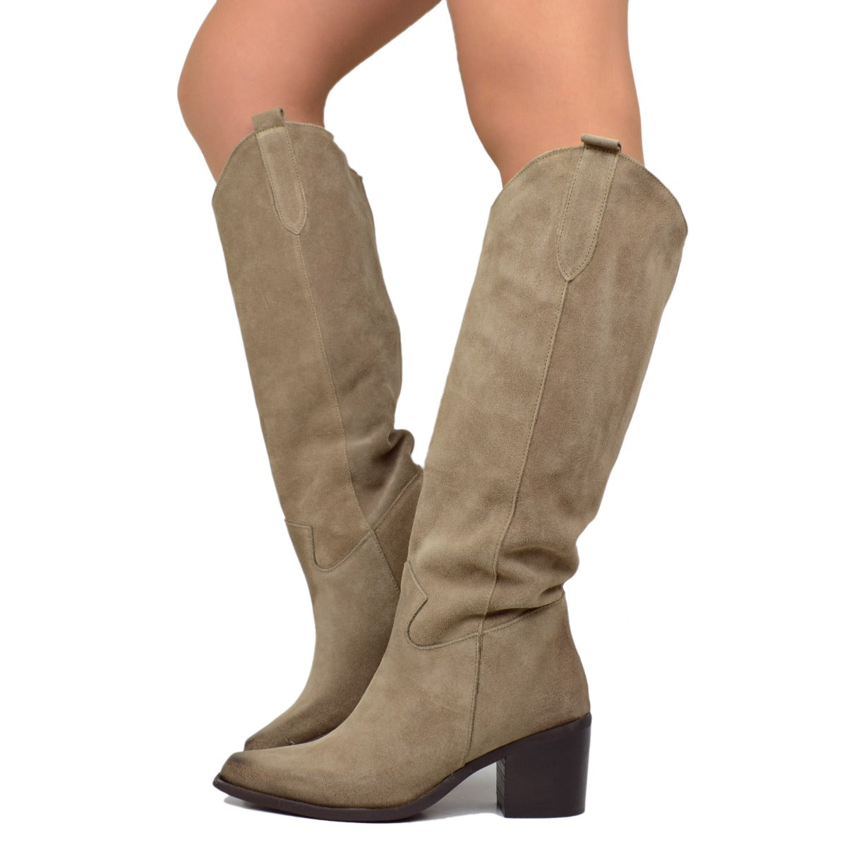Stivali Donna In Pelle Scamosciata Con Tacco A Zeppa - Alti 25 Cm, Neri, Punta Tonda, Cerniera Laterale, Suola In Gomma, Taglie Varie