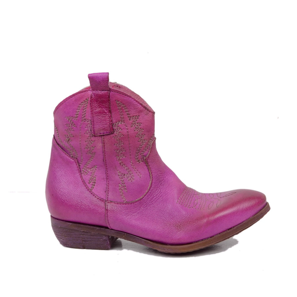 Stivaletti Texani in Pelle Vintage Fuxia Made in Italy - 2