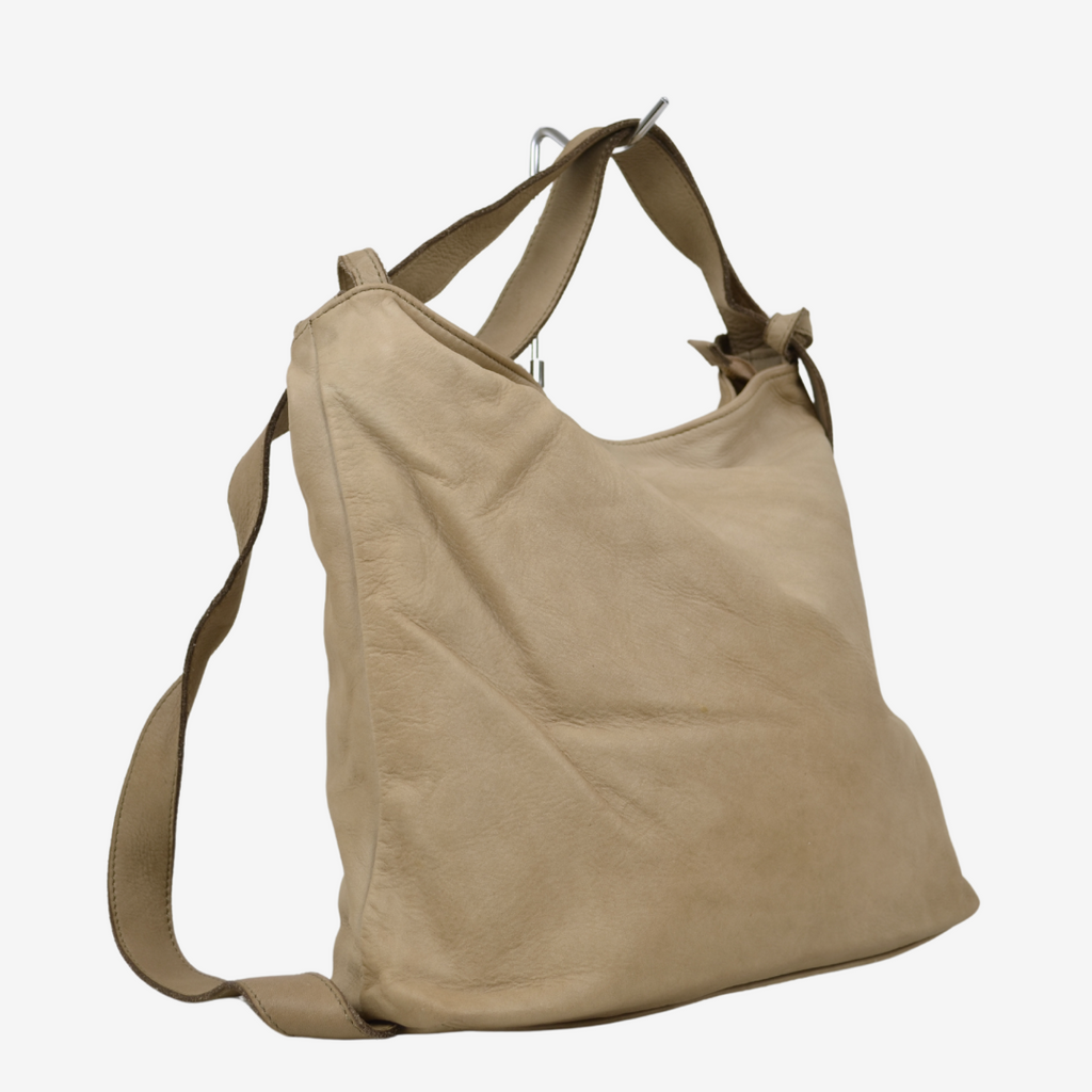 Borsa Zaino in Vera Pelle Morbida Nappa Taupe a Mano o con Tracolla