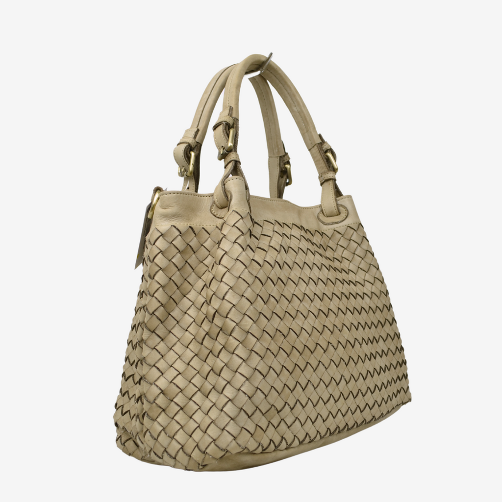 Geflochtene Tasche aus taupefarbenem Nappaleder mit Schultergurt - 2