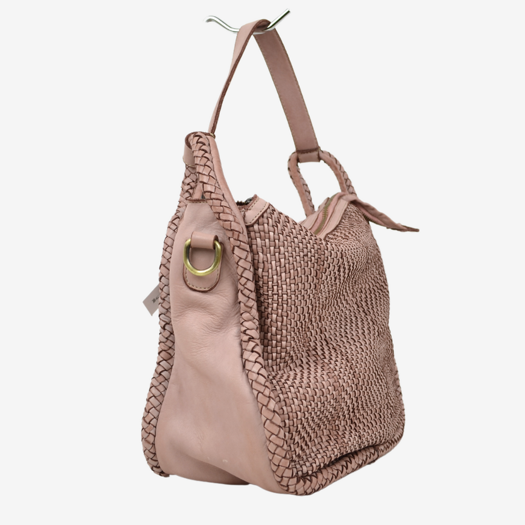 Borsa Intrecciata a Mano Quadrata Cipria in Pelle Nappa con Tracolla - 2
