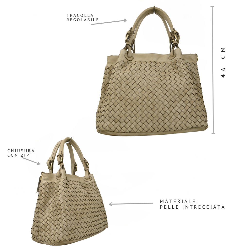 Geflochtene Tasche aus taupefarbenem Nappaleder mit Schultergurt - 3