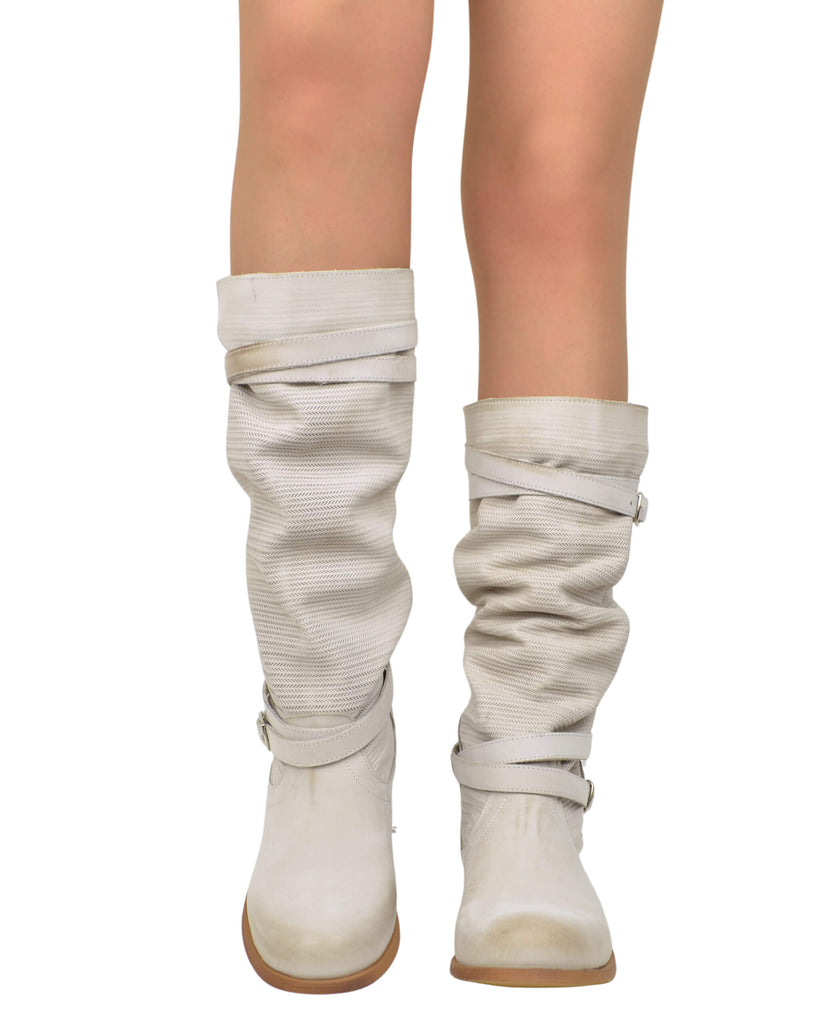 Sommer-Bikerstiefel für Damen aus beigem, gerändeltem Nubukleder - 4