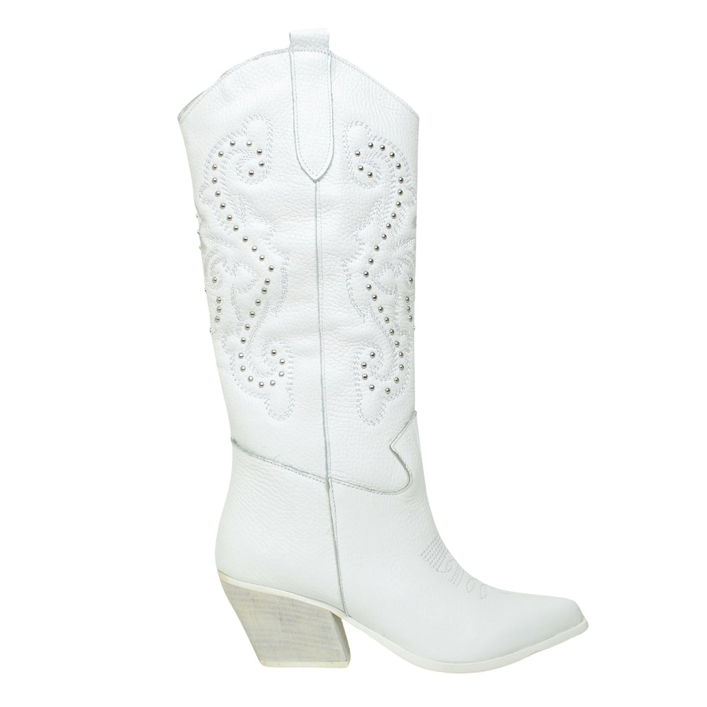 High Texans with Embroidery and Silver Studs. White Domed Leg - 2