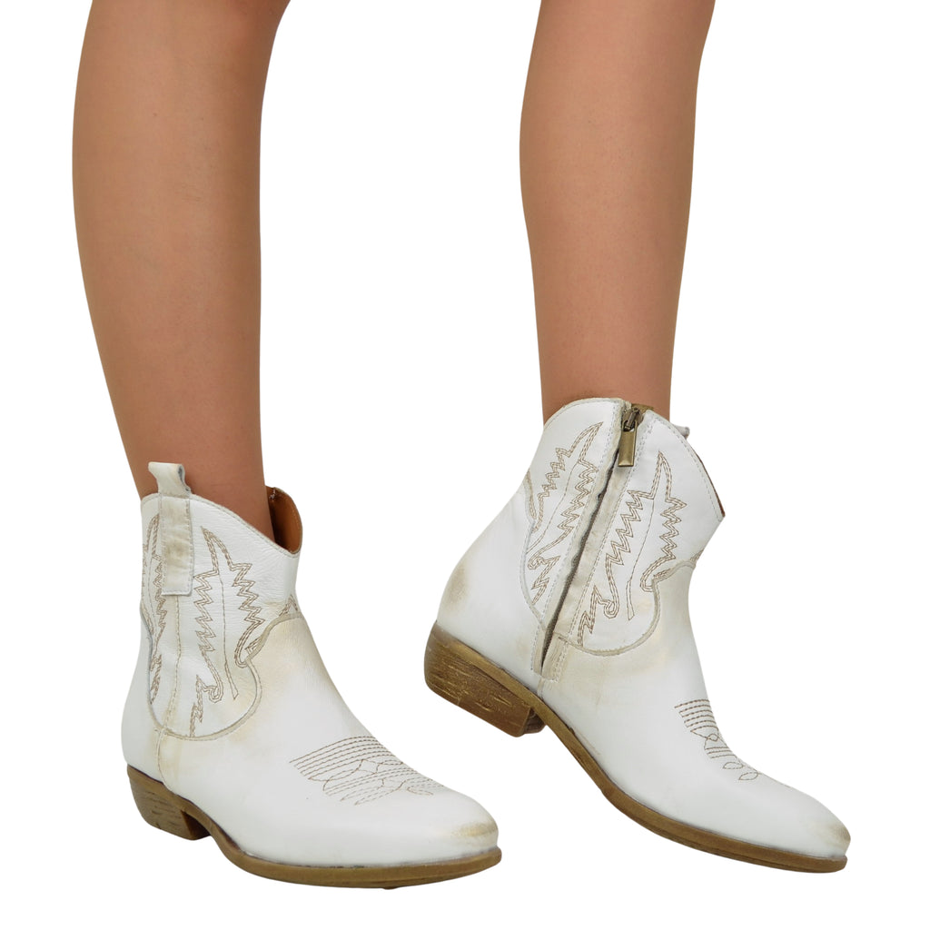 Women's White Leather Texan Ankle Boots Made in Italy - 4