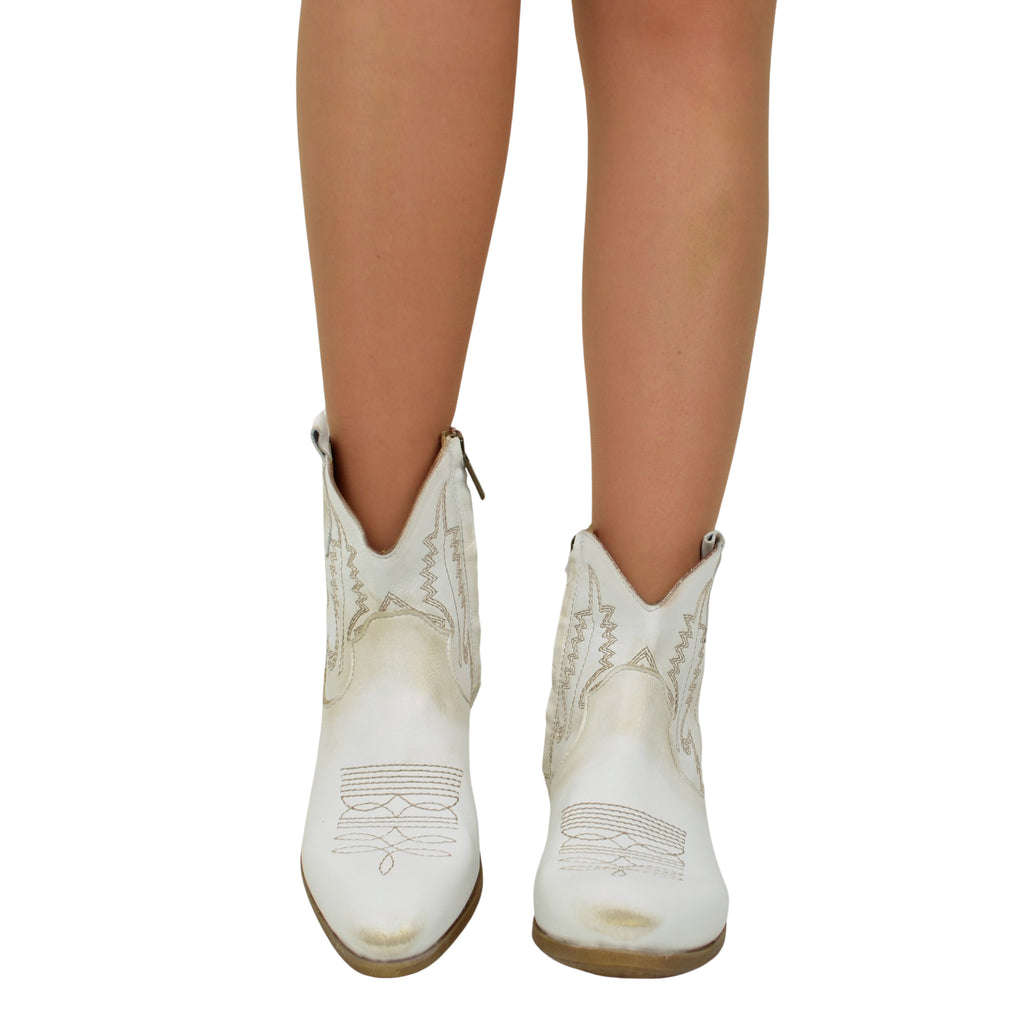 Weiße texanische Damen-Stiefeletten aus Leder, hergestellt in Italien - 5