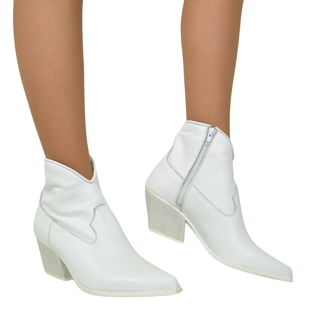 Women's Texan Boots in White Leather with Zip Made in Italy - 3