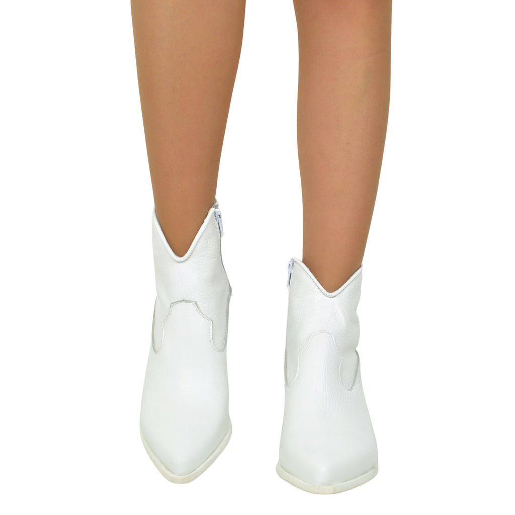 Women's Texan Boots in White Leather with Zip Made in Italy - 5