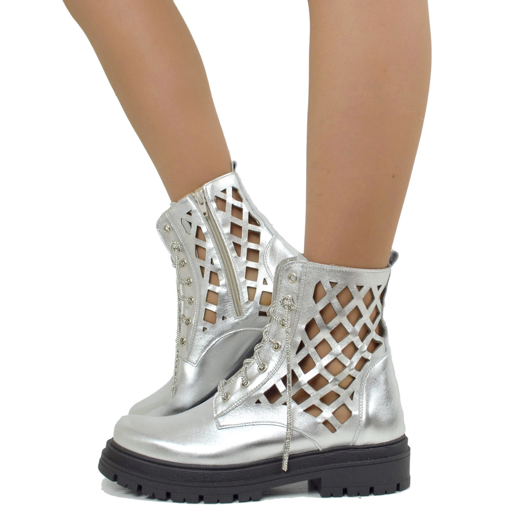 Women's Biker Ankle Boots in Silver Laminated Perforated Leather