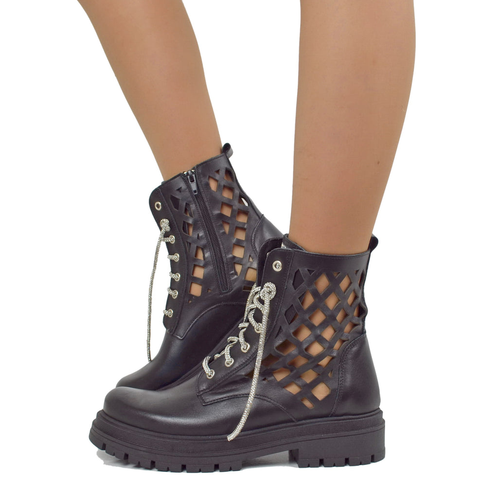 Black Biker Women's Ankle Boots in Perforated Leather Made in Italy