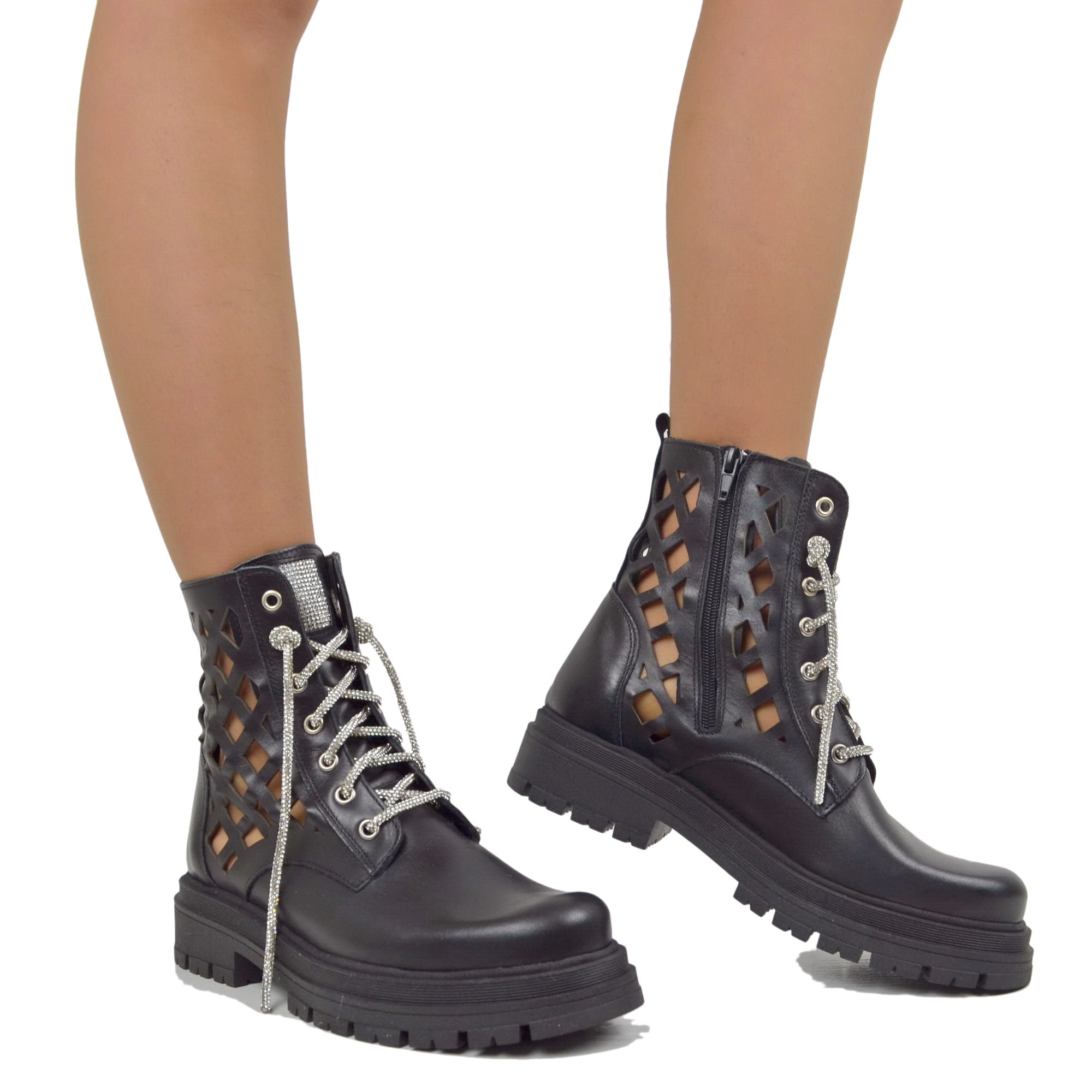 Black Biker Women s Ankle Boots in Perforated Leather Made in Italy