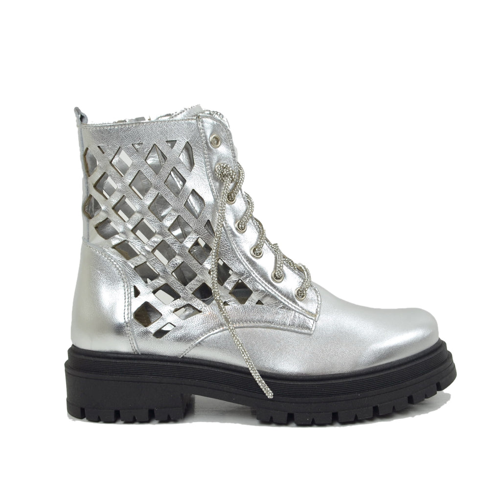 Women's Biker Ankle Boots in Silver Laminated Perforated Leather - 4