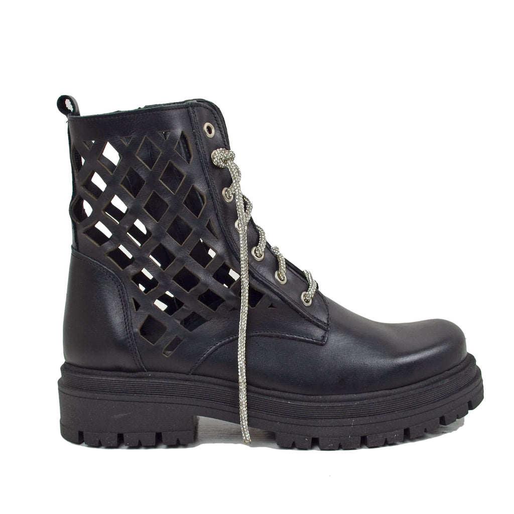 Black Biker Women's Ankle Boots in Perforated Leather Made in Italy - 4
