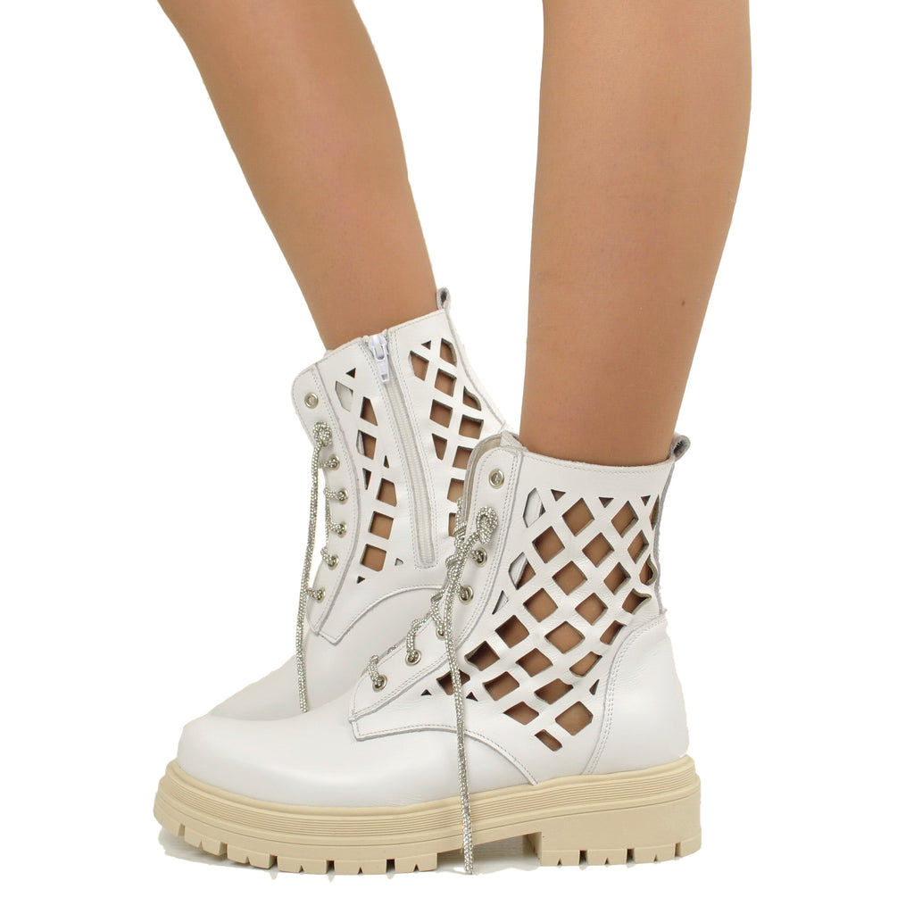 White Biker Women's Ankle Boots in Perforated Leather Made in Italy