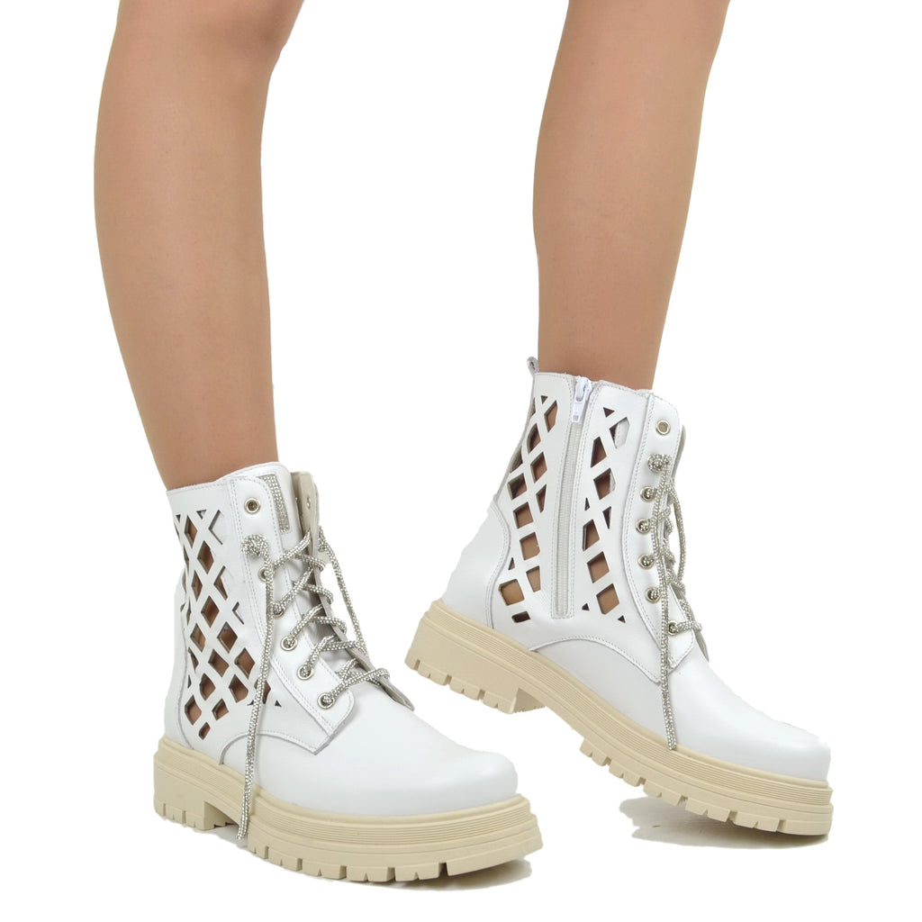 White Biker Women's Ankle Boots in Perforated Leather Made in Italy - 4