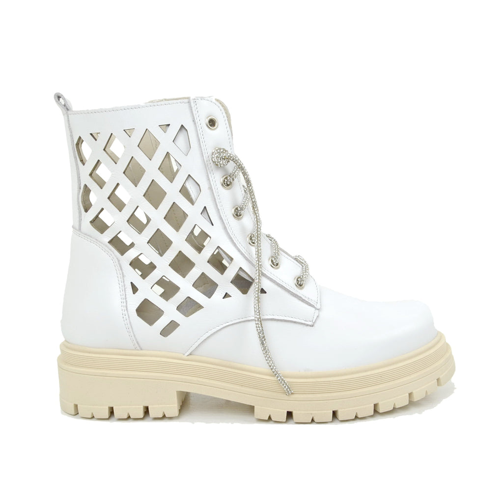 White Biker Women's Ankle Boots in Perforated Leather Made in Italy - 5