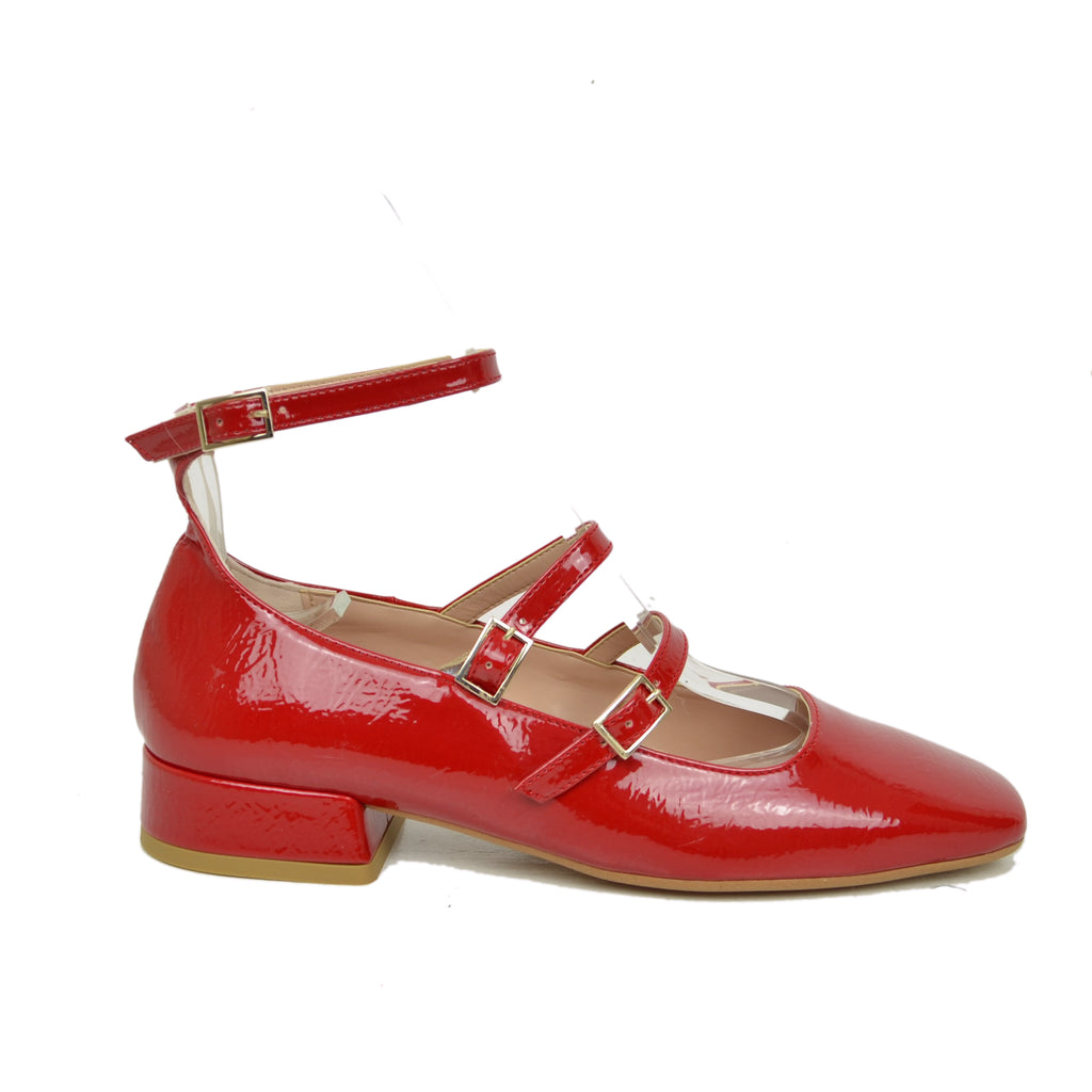 Ballerine Donna Rosse Punta Squadrata Mary Jane Made in Italy - 2