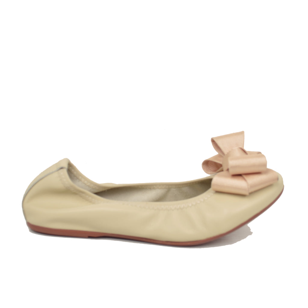 Beige Women's Ballet Flats with Elastic Bow and Internal Wedge - 2
