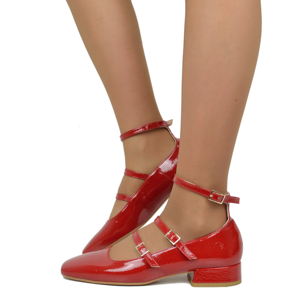 Rote Mary-Jane-Ballerinas mit quadratischer Zehenpartie für Damen, hergestellt in Italien