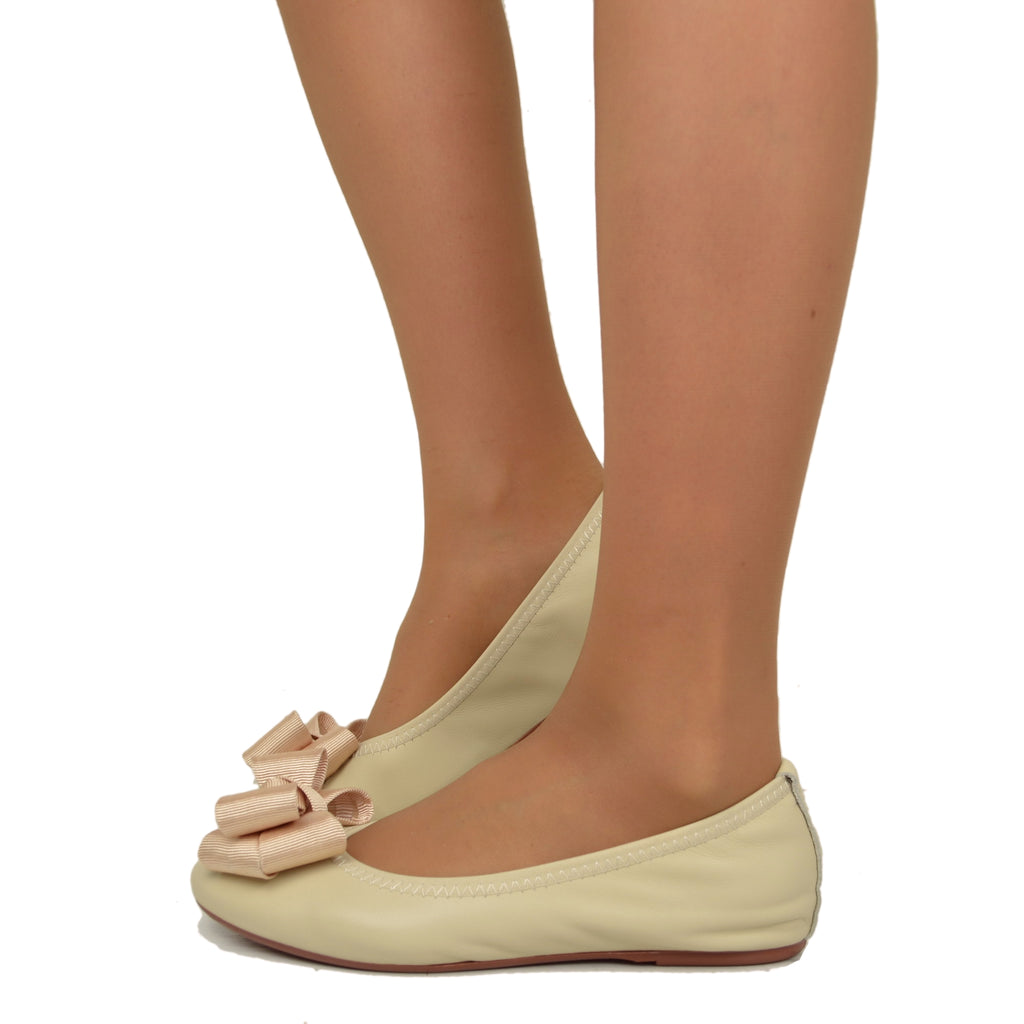 Beige Women's Ballet Flats with Elastic Bow and Internal Wedge