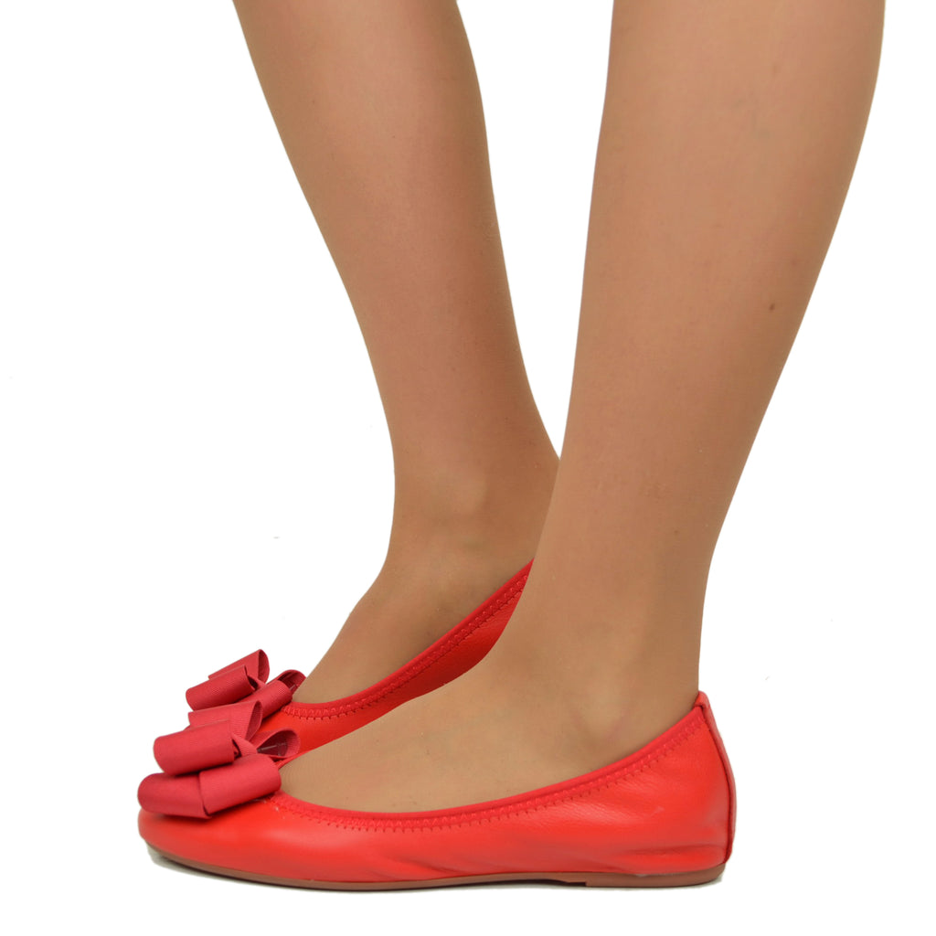 Red Women's Ballet Flats with Elastic Bow and Internal Wedge