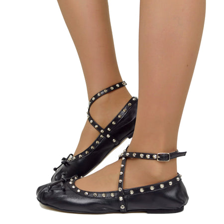 Women's Black Square Toe Ballerinas with Studs Made in Italy