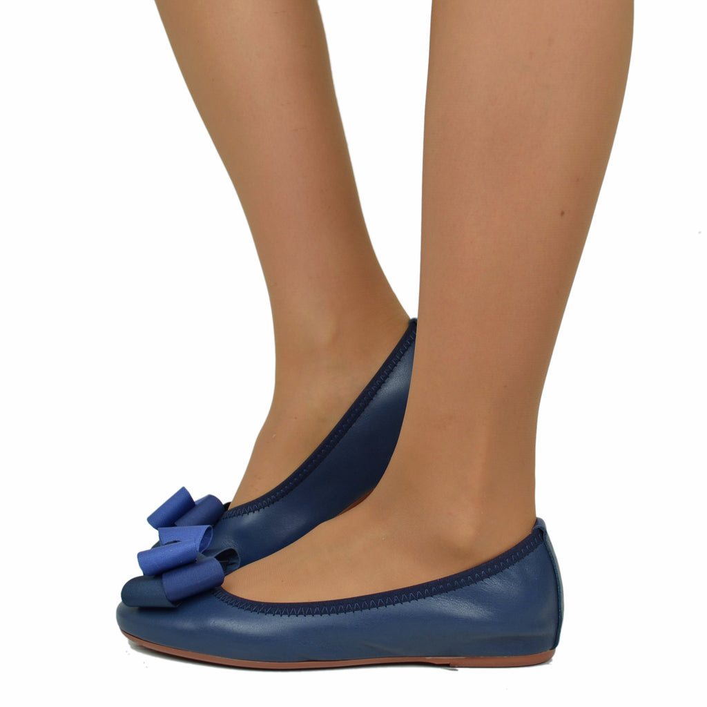 Blaue Damen-Ballerinas mit elastischer Schleife und Innenkeil