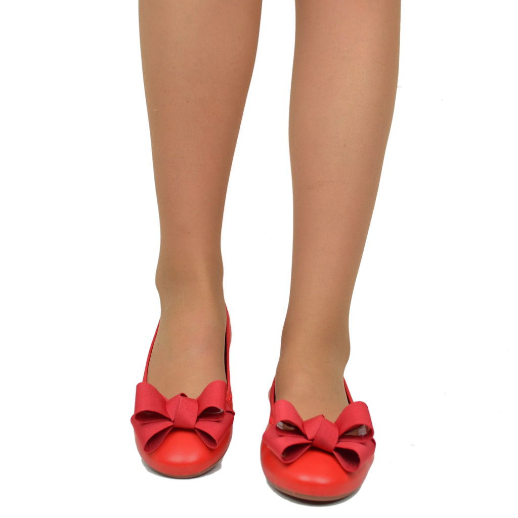 Red Women's Ballet Flats with Elastic Bow and Internal Wedge - 3