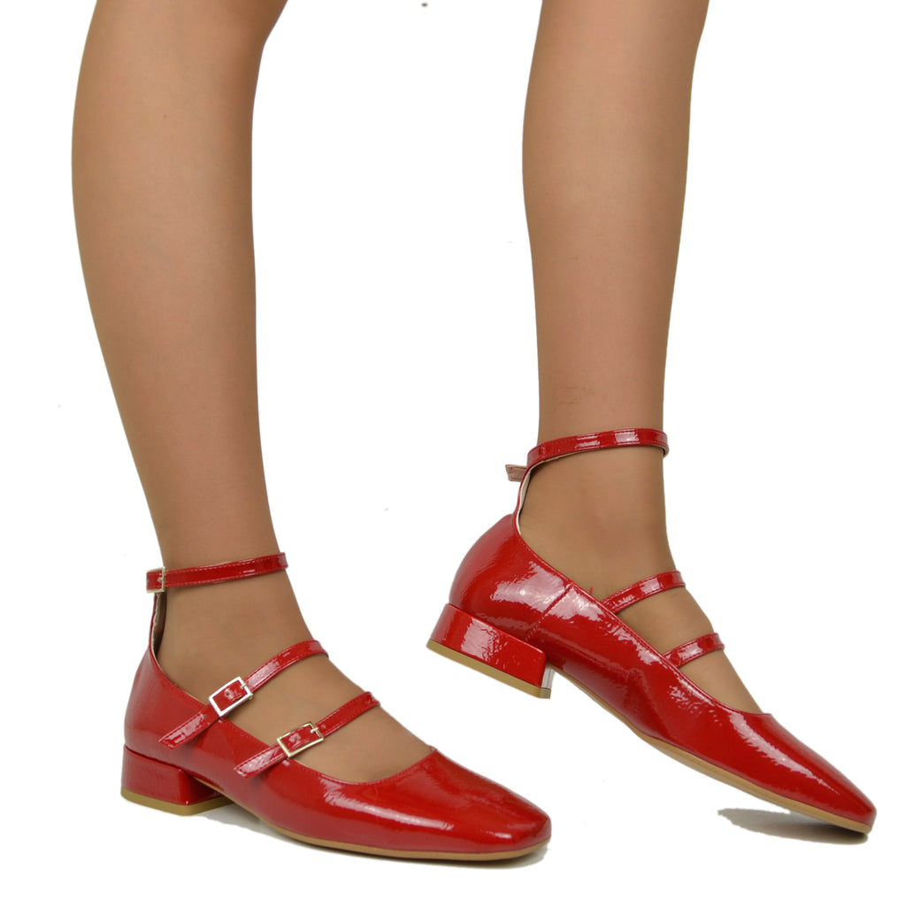 Rote Mary-Jane-Ballerinas mit quadratischer Zehenpartie für Damen, hergestellt in Italien - 4
