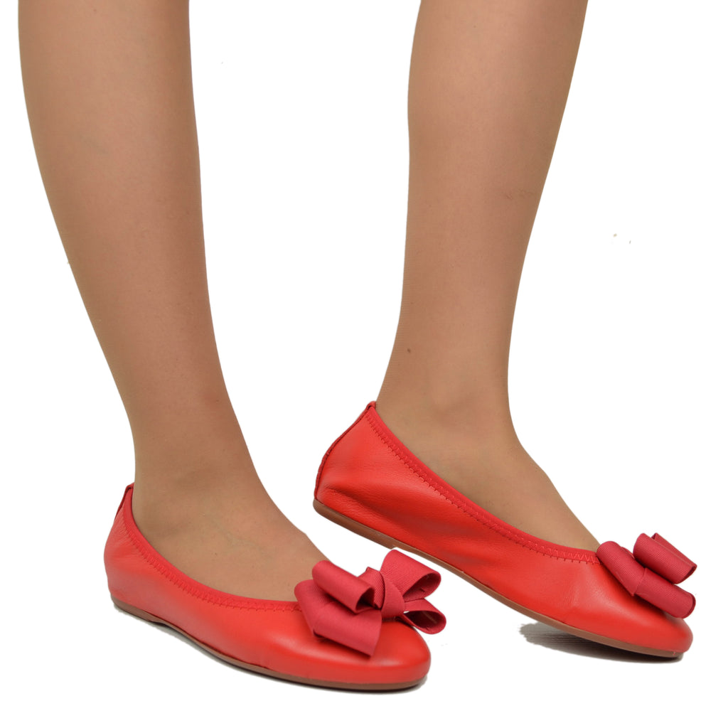 Red Women's Ballet Flats with Elastic Bow and Internal Wedge - 4
