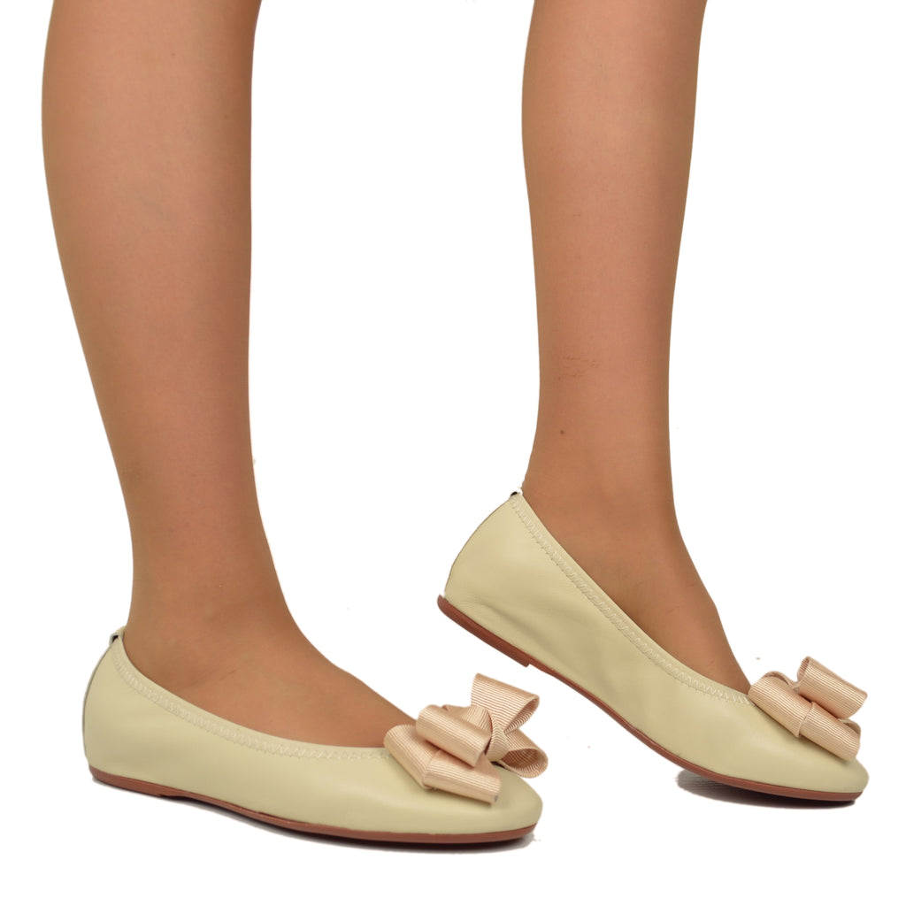 Beige Women's Ballet Flats with Elastic Bow and Internal Wedge - 4