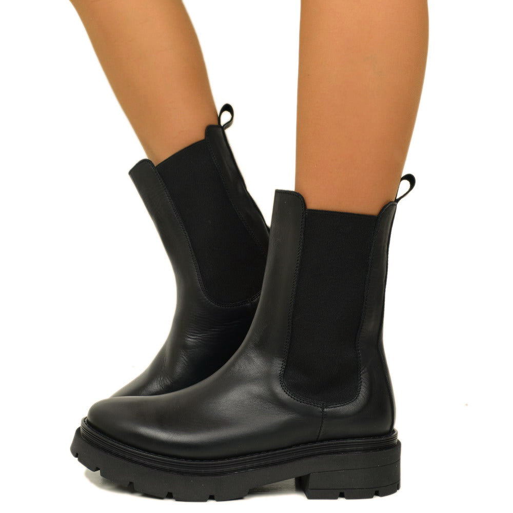Beatles Ankle Boots with Stretch Inserts in Black Leather