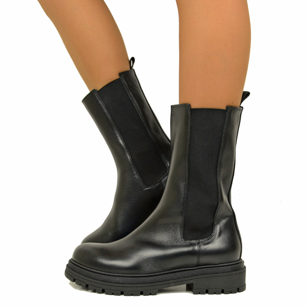 Stivaletti Beatles Donna Neri Made in Italy con Inserti Elasticizzati Platform