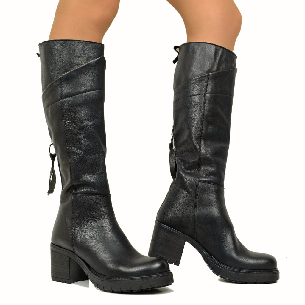 Women's Biker Boots in Black Leather Made in Italy with Wide Heel - 3