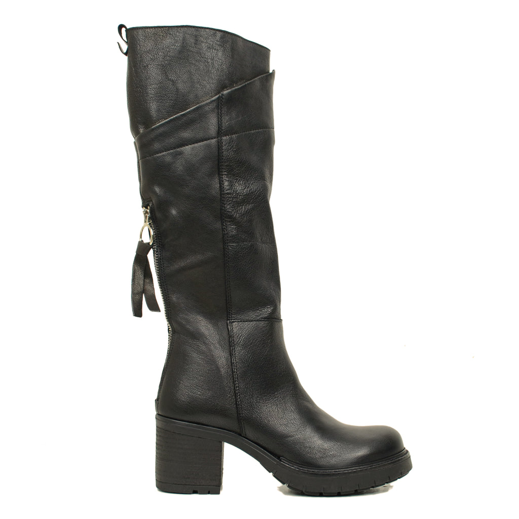 Women's Biker Boots in Black Leather Made in Italy with Wide Heel - 5