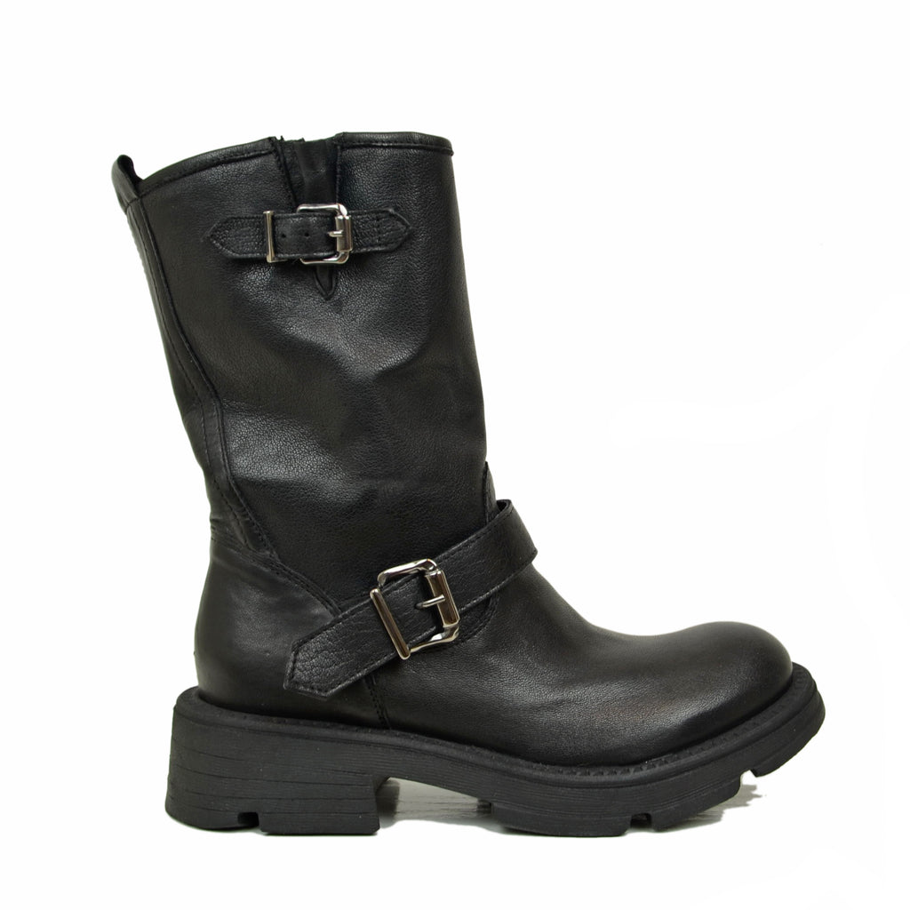 Women's Leather Biker Boots with Buckles Made in Italy - 2