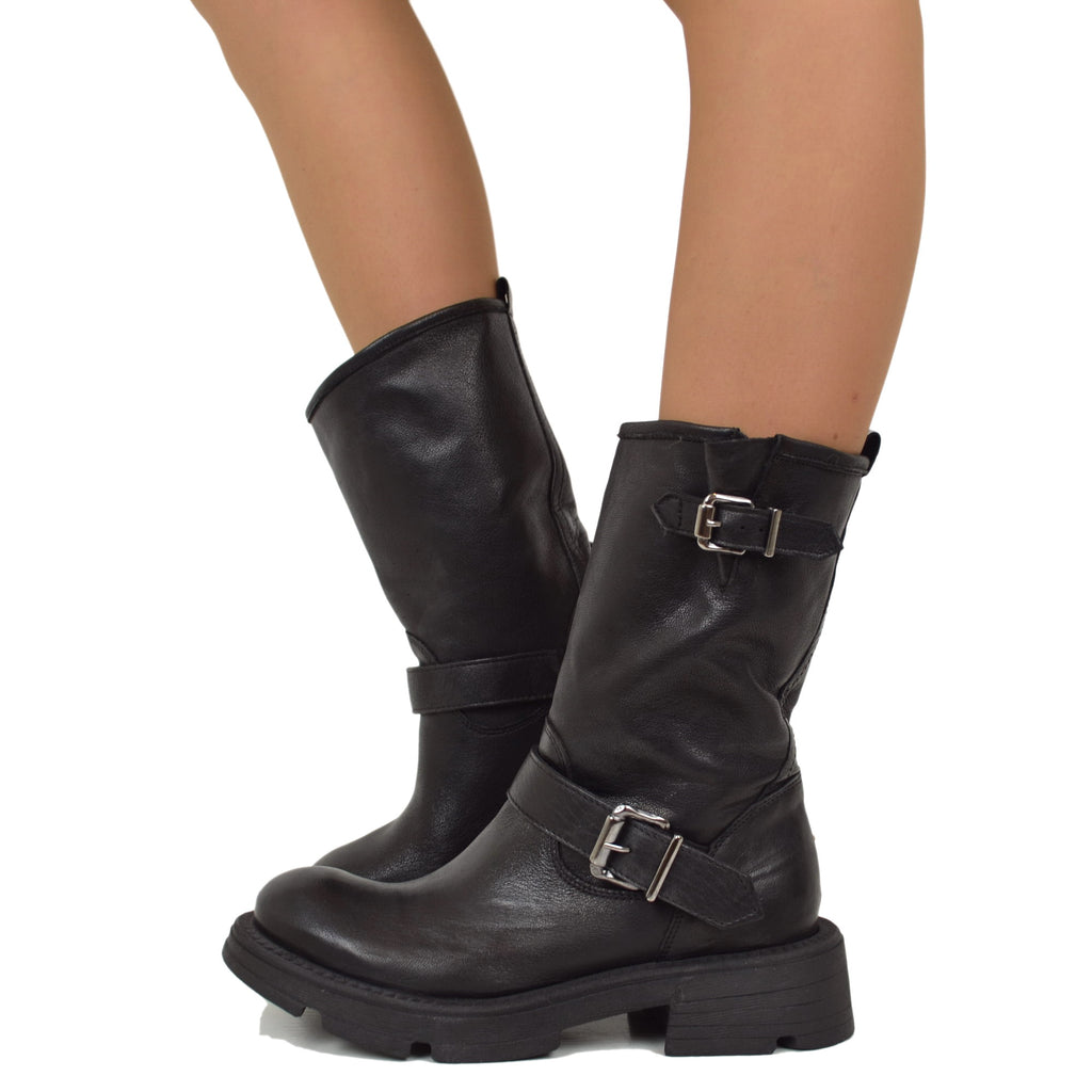 Women's Leather Biker Boots with Buckles Made in Italy