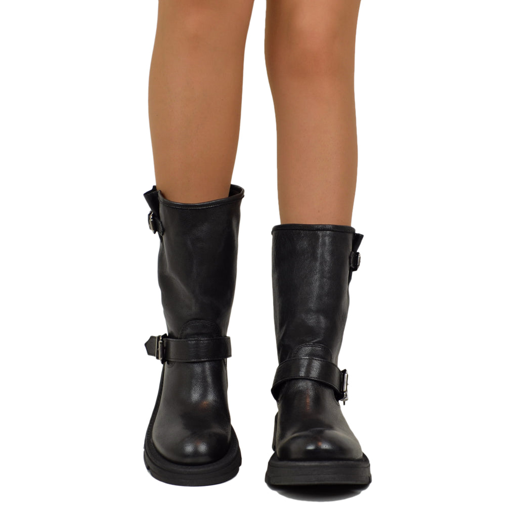 Women's Leather Biker Boots with Buckles Made in Italy - 3