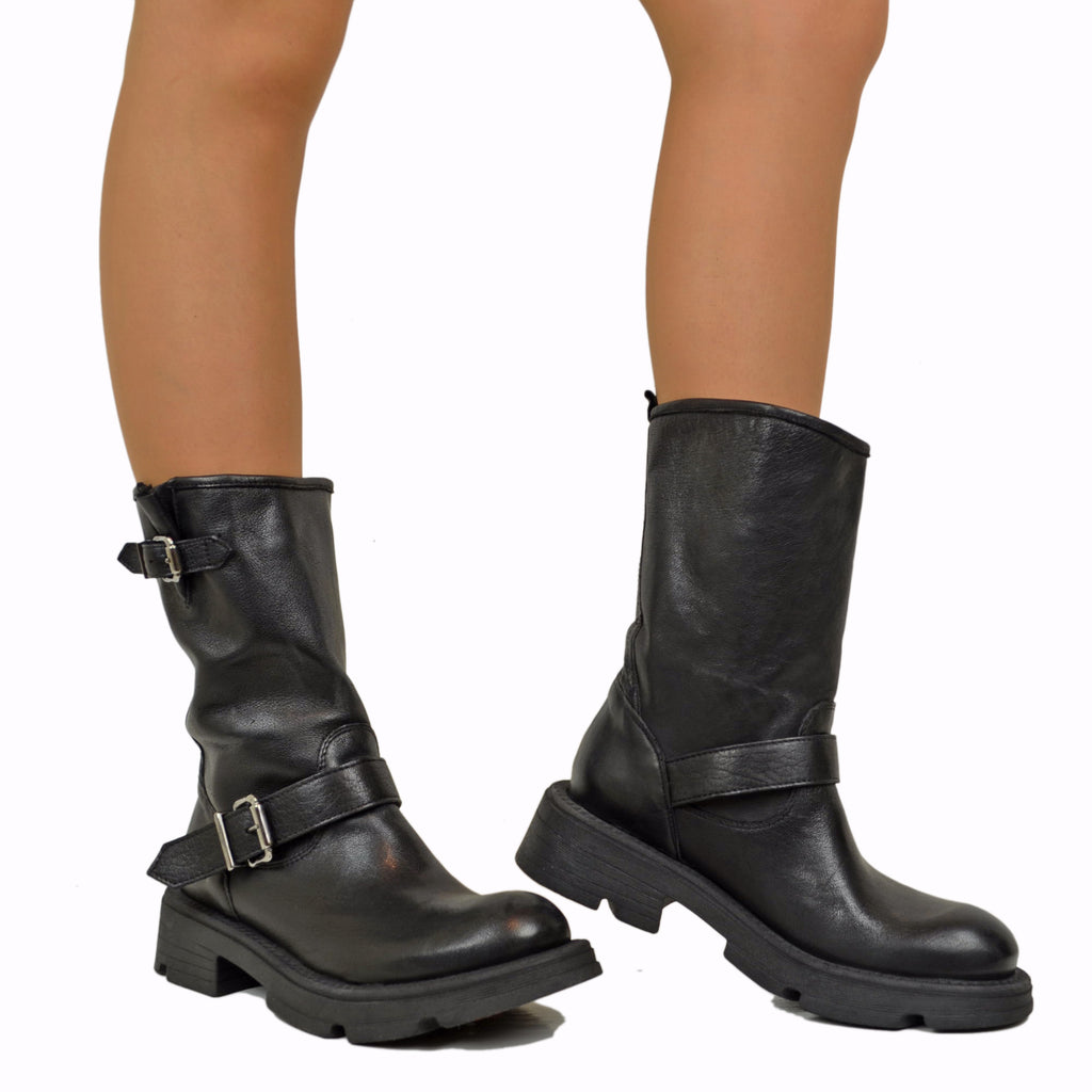 Women's Leather Biker Boots with Buckles Made in Italy - 4