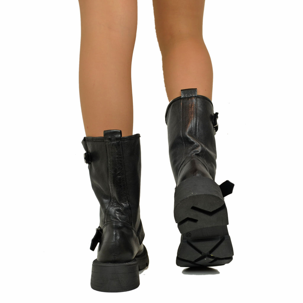 Women's Leather Biker Boots with Buckles Made in Italy - 5