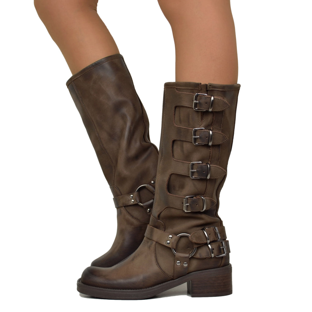 Biker Boots with 5 Dark Brown Buckles with Square Toe