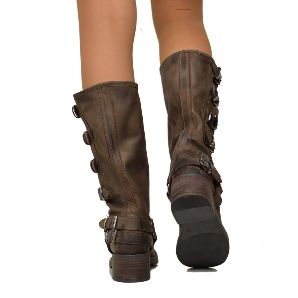 Biker Boots with 5 Dark Brown Buckles with Square Toe - 3