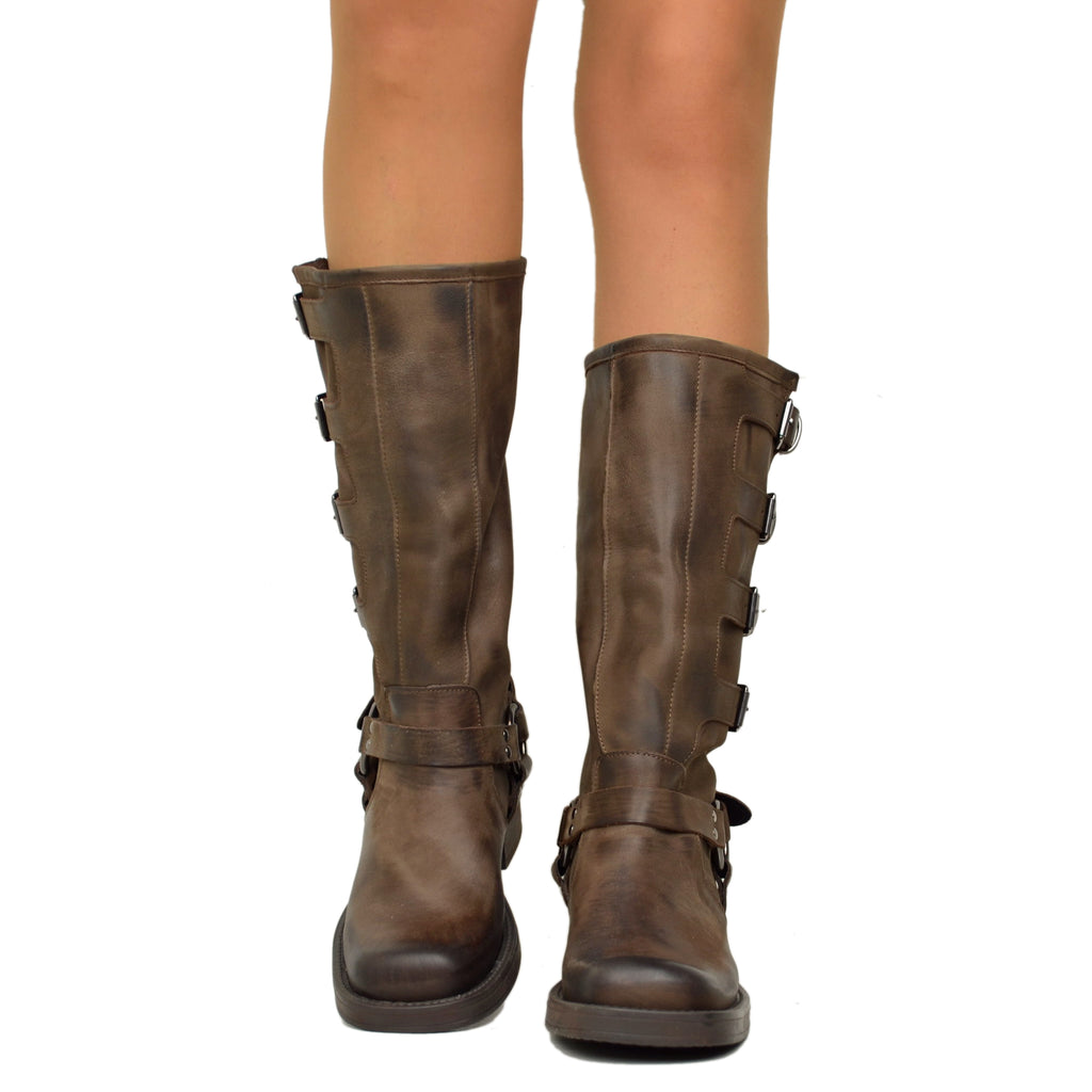 Biker Boots with 5 Dark Brown Buckles with Square Toe - 4
