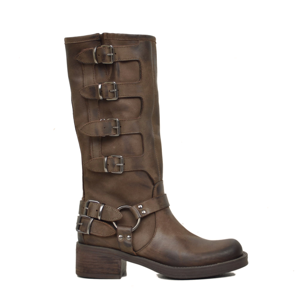 Biker Boots with 5 Dark Brown Buckles with Square Toe - 2