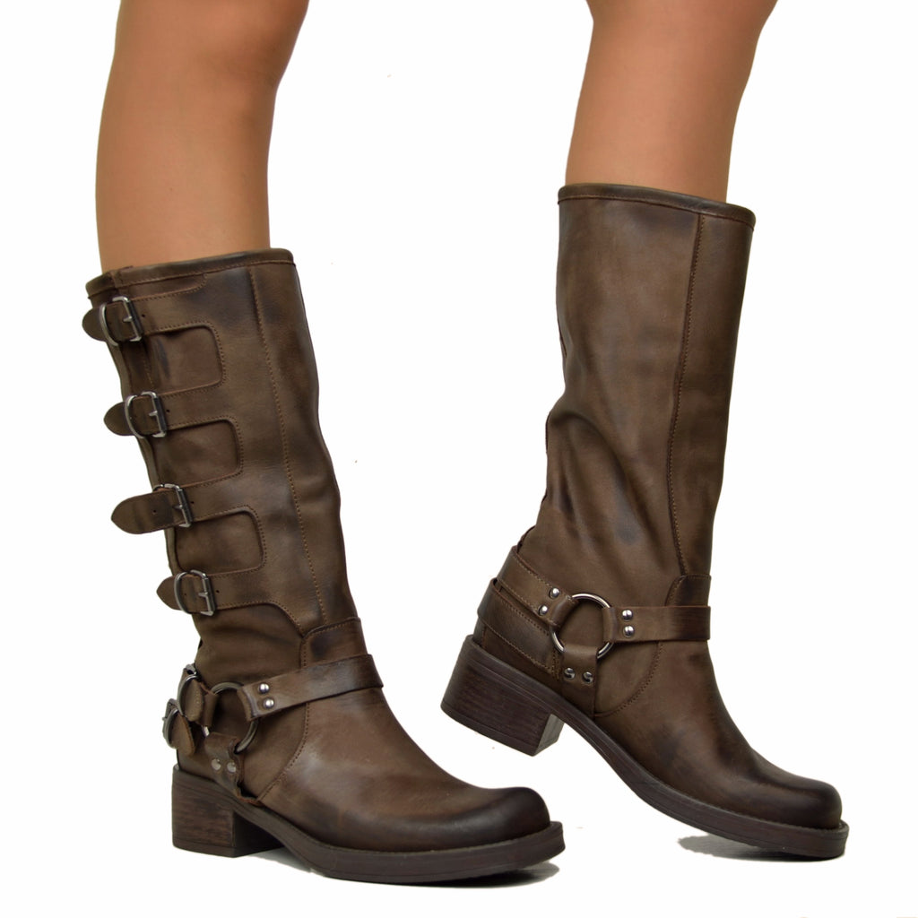 Biker Boots with 5 Dark Brown Buckles with Square Toe - 5