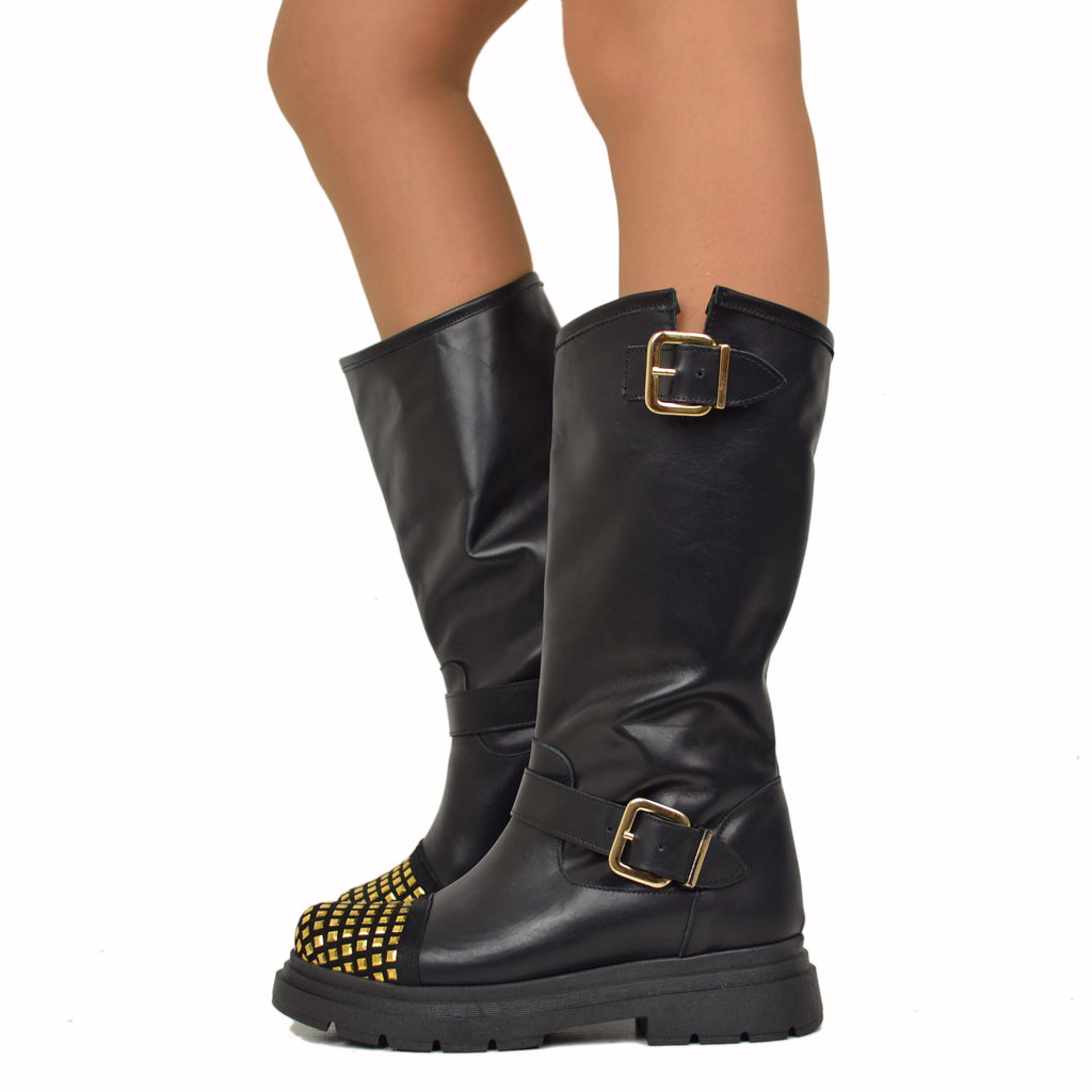 Black Women's Biker Boots in Leather with Studs on the Toe